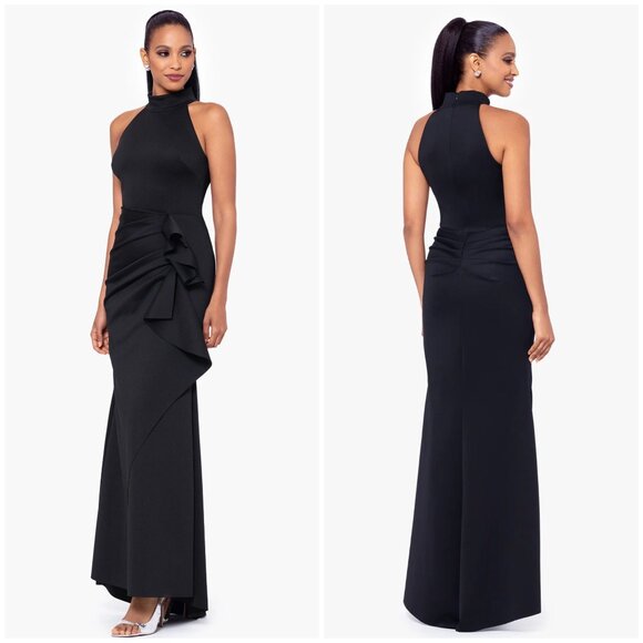 New Xscape Womens Black Halter Ruffle Gown Floor-Length Size 10P - Picture 1 of 13
